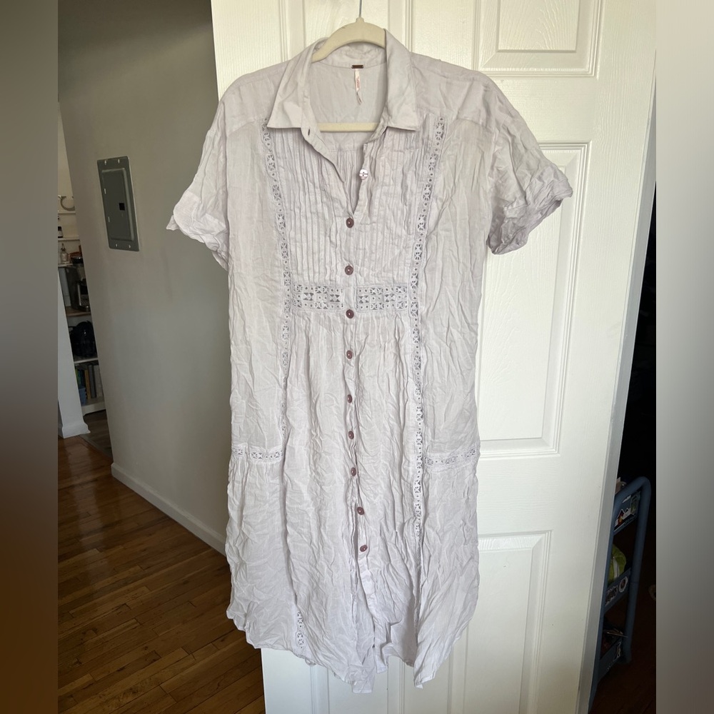 Free People Lilac Button-Down Lace Trim Short Sleeve Tunic Dress
